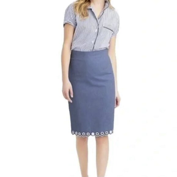 J. Crew Dresses & Skirts - J. Crew Chambray Scalloped Pencil Eyelet Skirt Grommet Detail Hem Size 0 - NWOT
